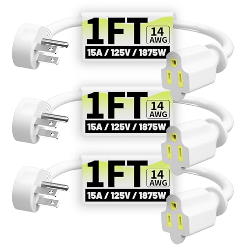 Vockjour 1 FT 3 Pack White Short Low Profile Flat Plug 14 Gauge Heavy Duty Extension Cord 14AWG 3-Wire Grounded Appliance Extension Cord 15A/125V/1875W SJTW ETL Listed Power Cord