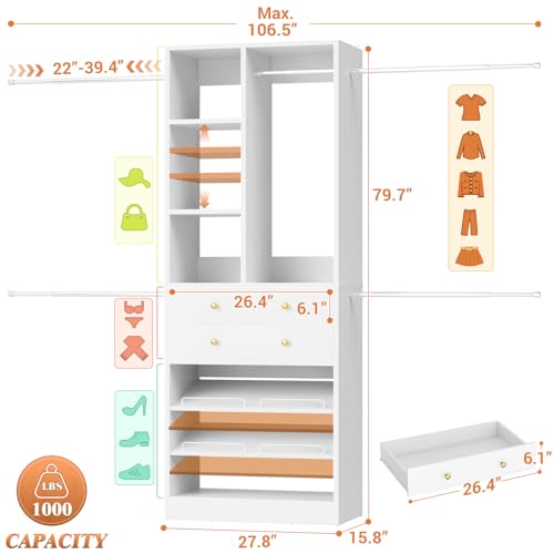 Closet System, 4.2–8.8 FT Closet Organizer with 2 Wooden Drawers and Shelves, Walk-in Closet System with 5 Hang Rods, Built-in Reach in Closet Tower, Can Fit 60 to 96 inch, White - Image 4