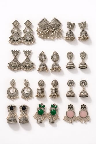 Image of 12 Pair Fashion Earrings Set with Organizer Box | Mixed Stud & Jhumki Combo for Women & Girls | Ready to Gift Pack Black Velvet Display Box for Women & Girls