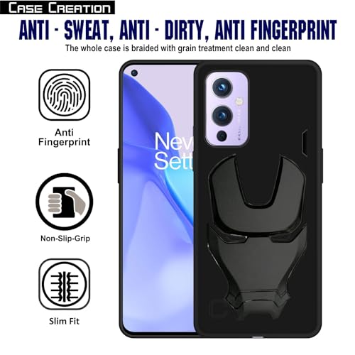 Image of COVERLY Official 3D Touch Feel Trending Real Hero Avengers Logo Mask Soft Rugged Grip TPU Silicone Iron Man Super Power Cartoon Movie Engraved Silicone Matte Strong Back Cover for Oneplus 9 -Black