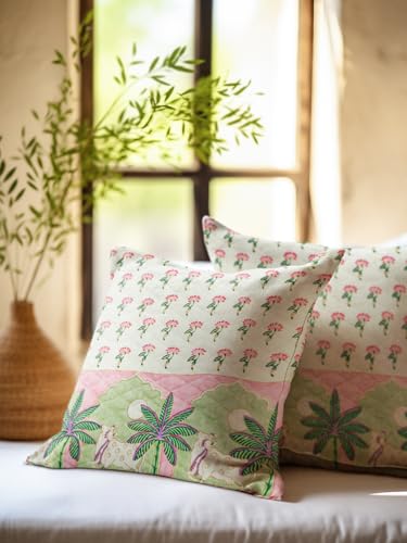 Image of Pichwai Hand Block Printed Cushion Cover Set | Cushions Cover for Home & Office | 100% Cotton Fabric | Size - 16 x 16 Inches | Pack of 2 Cushion Covers | Color - White
