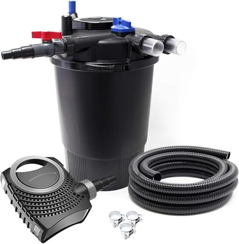 SunSun Kit complet: CPF-30000 Filtre de bassin à pression jusqu’à 12000 L avec 55 Watt lampe uv, NEO10000 SuperECO pompe 10000l/h 80W, 10m Tuyau 38 mm (1 1/2), collier de serrage W1 44-47mm