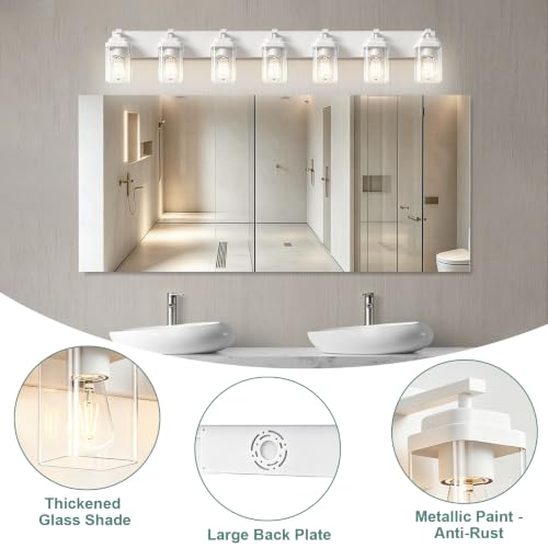 Image of White Bathroom Light Fixtures, 7 Lights Bathroom Lighting Fixtures Over Mirror, Square Design & Rectangle Large Backplate, Modern Vanity Lighting Fixtures, for Bathroom /Living Room /Bedroom