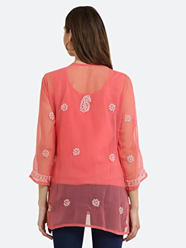 Image of FAWOMENT Women's Pure Georgette Handcrafted Lucknowi Chikankari Embroidery Short Kurti for Office Wear College Party Daily Casual