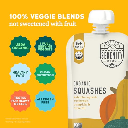 Image of Serenity Kids Baby Food Pouches, Squash, No Added Sugar, 3.5 Oz, 6 Pack | No Added Sugar, 1 Veggie Serving, Organic Baby Food, No Artificial Flavors, Baby Snacks, Toddler Food
