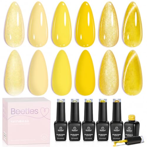 Image of Beetles Yellow Gel Nail Polish Set - Sunshine Lemonade 6 Colors Bright & Cream Yellow Glitter Gel Polish, Soak Off UV Nails Salon DIY at Home Summer Gift for Women