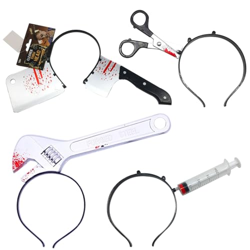 CODOMOR 4 Pack Scary Halloween Headbands - Fake Knife Scissor Needle & Wrench Through Head Hair Band for Zombie Costume Party Favor Accessories for Adults & Teens