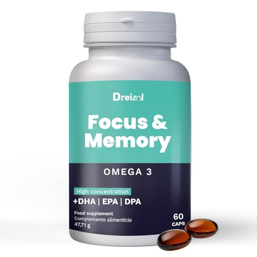 DREIZOL Focus & Memory - Nootropique Concentré avec Oméga 3 - Teneur Élevée en DHA - Favorise l’Attention, la Concentration et la Mémoire - DHA+EPA+DPA+Vitamine A+Lutéine+Zéaxanthine - 60 Capsules