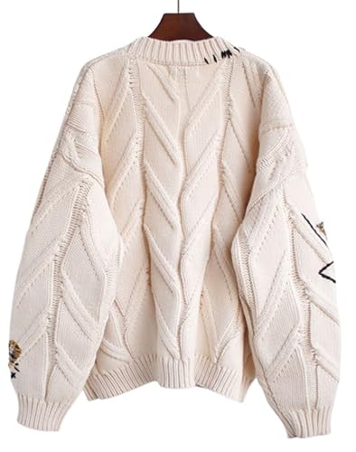 Women's Cable Knit Embroidery Cardigan V Neck Sweaters Long Sleeve Open Front Loose Coat Cute Casual Warm Outwear4