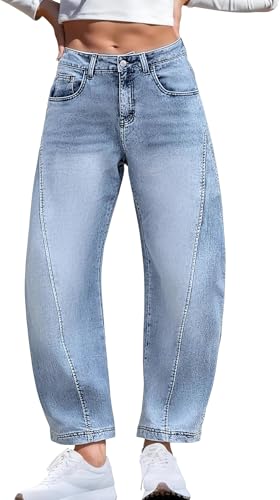 ELLEVEN Barrel Jeans Women Baggy Boyfriend Denim Pants Stretchy Loose Casual Jeans Low Rise Trousers Wide Leg Jeans Light Blue Medium