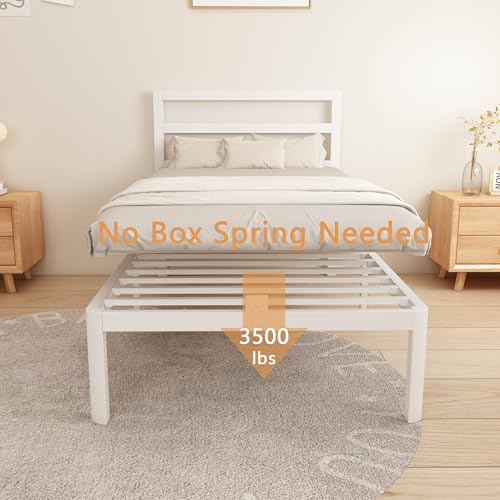 Image of 14 Inch Twin Bed Frames, Metal Bed Frame with Head Board, No Box Spring Needed, Heavy Duty Steel, Anti-Slip Mattress Stoppers, Noise Free, Round Corner Legs, Easy Assembly, White