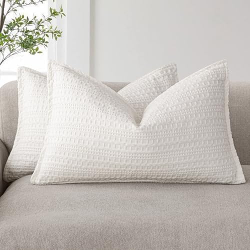 Image of Foindtower Set of 2 Decorative Cotton Waffle Weave Lumbar Throw Pillow Covers Euro Shams Cushion Covers Accent European Pillowcase for Bed Couch Bedroom Living Room Home Decor 12x20 Inch Cream White