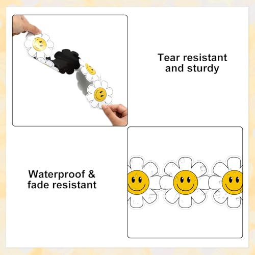 Image of Whaline 24 Pcs Daisy Flower Magnetic Bulletin Board Border Retro Smile Daisy Floral Magnetic Strips Border Trim for Back to School Office Classroom Decor