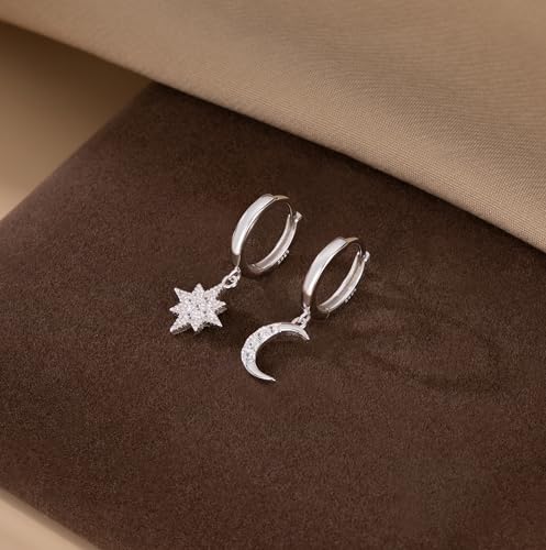 Pendientes de aro de plata para mujer con diseño asimétrico de estrella y luna celestial 5