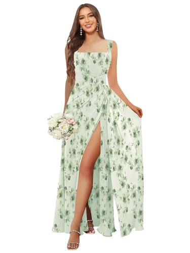 Image of HANVAIOS Square Neck Bridesmaid Dresses Long Chiffon Formal Maxi Dress with Slit