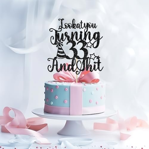 Bytorjar Happy 33rd Birthday Cake Topper, 33rd Birthday Cake Decor, Cheers to 33 Years, Hello 33, Funny 33rd Birthday Party Decorations, Black Glitter by Bytorjar - Used condition - Image 3