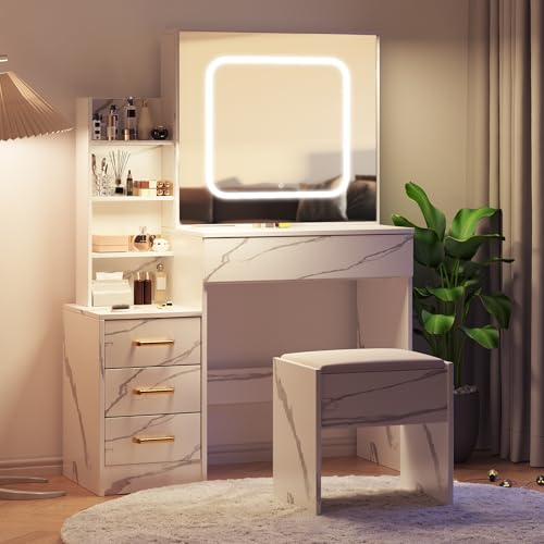 Vanity Desk with Sliding Mirror and Lights, Makeup Vanity Set with 4 Drawers, Stool, Power Outlet, Open Shelves, 3 Color Adjustable Lighting Modes, Makeup Dressing Table for Bedroom, Marble-White