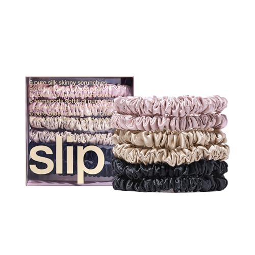 slip Skinny Scrunchies Multi | Set of 6 Pure Silk Skinny Scrunchies | Includes 2 Pink, 2 Caramel, 2 Black | 100% Mulberry Silk, Anti-Crease, Gentle on Hair, Reduces Breakage | Stylish & Durable