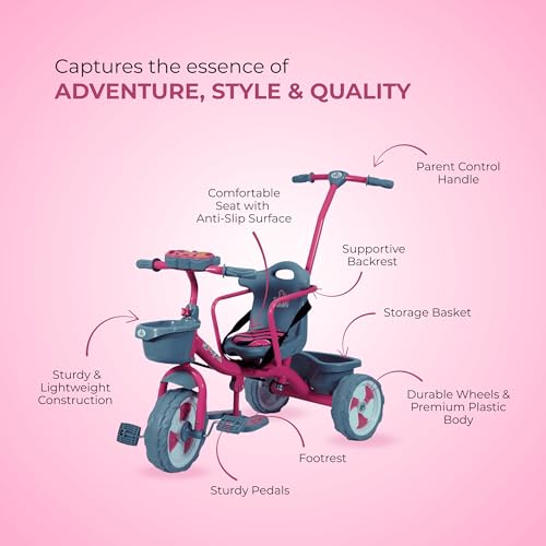 Image of ViniToys Sparx PH Baby Tricycle for Kids 1 to 5 Years with Removable Parental Control Handle, Safety Guard, Seat Belt, Footrest, Music, Storage Baskets and Wide Grip Wheels (Pink, Sparx PH)