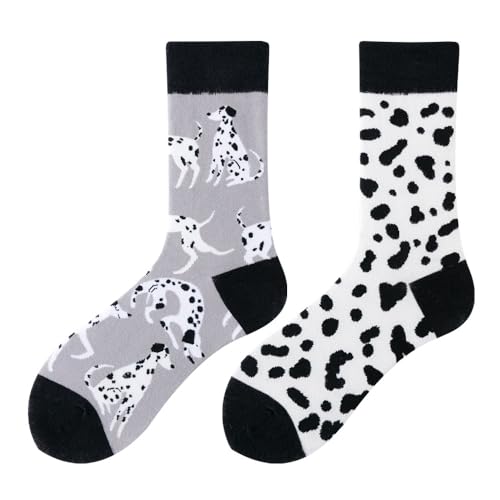 NxnChc Calzini divertenti Per Uomo E Donna Unisex Molti Motivi Animali Cibo Frutta Sport Arte In Cotone Regalo Asimmetrico Modello Sinistra E Destra, dalmata, 35-46