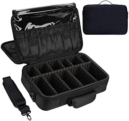 ZFITEI Makup Case,13.58 inch 3 Layer Professional Makeup Organizer Bag ,Black Cosmetic Case Large Capacity with Adjustable Partition and Shoulder Strap