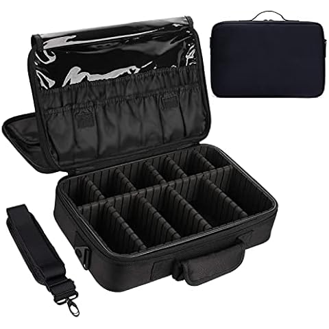 Makeup Bag Travel Makeup Train Case Makeup Cosmetic Case Organizer Portable Artist Storage Bag with Adjustable Dividers for Cosmetics Makeup Brushes Toiletry Jewelry Digital Accessories Black Cover