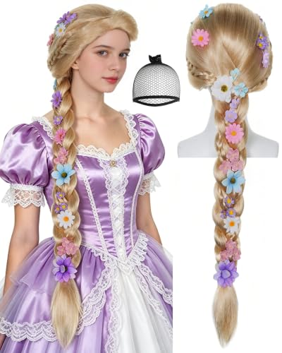 TIKJOYS Long Blonde Braided Wigs with Flowers Ponytail Wig Princess Wigs