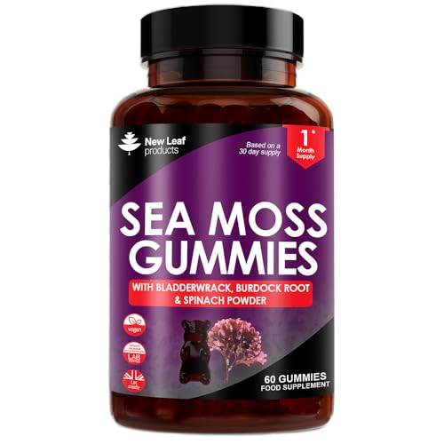 Sea Moss Gummies - Enriched with Irish Sea Moss Burdock Root and Bladderwrack - High Strength 3000mg Vegan Gummy - Seamoss Gummies Made in UK By New Leaf 60 Gummys