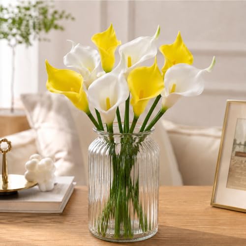 Image of Divyakosh 5 White + 5 Yellow Calla Lily Flowers, Artificial Calla Lily Flowers Bunch for Home Decor, Decorative Flowers for Vase (VASE NOT Included), Artificial Flower for Decoration, Living Room