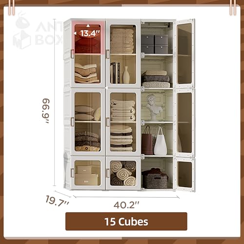 Image of ANTBOX Portable Wardrobe Closet Storage Organizer for Clothes,Transparent Door Panels,Suitable for Living Room, Bedroom,Plastic Wardrobe with Magnetic Door and Easy Assembly 15 Cubes