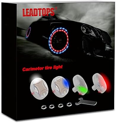 LEADTOPS Car Tire Wheel Lights, 4-pack Solar Energy Motion Sensors Flashing Colorful Gas Nozzle LED Tire Schrader Valve Cap Lights Lamp Bulb Waterproof for Car Auto Motorcycles Bicycles