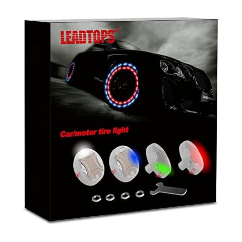 LEADTOPS Car Tire Wheel Lights, 4-pack Solar Energy Motion Sensors Flashing Colorful Gas Nozzle LED Tire Schrader Valve Cap Lights Lamp Bulb Waterproof for Car Auto Motorcycles Bicycles Cover