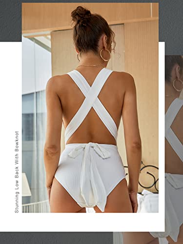 Molybell Women's Criss Cross One Piece Deep Plunge V Neck Monokini High Waisted Knot Tummy Control Swimsuit L Size White Swimwear #TOP4