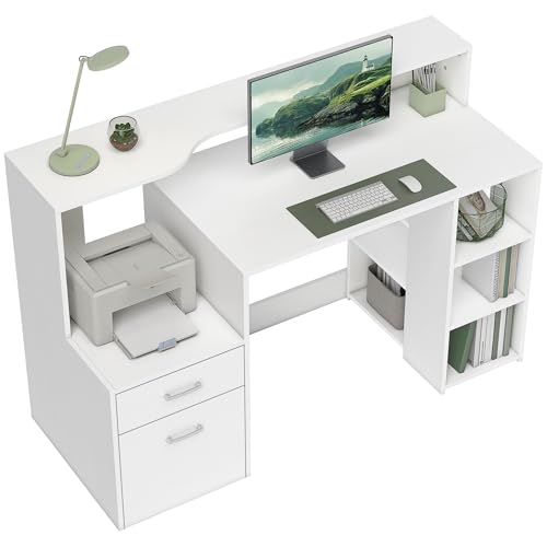 HOMCOM Bureau Informatique avec 2 tiroirs, Bureau avec Rangement, 137 x 55 x 92 cm, étagères Ouvertes et Tablette d'imprimante, Style Moderne, Table d'ordinateur pour Chambre, Studio, Blanc