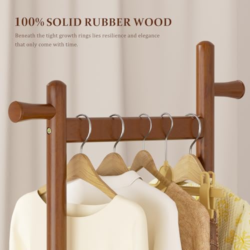 Solid Wood Coat Rack Freestanding Clothing Rack with Wheels & 2 Shelves Storage & 5 Hooks Heavy Duty Clothes Rack Wood Coat Tree Stand Hat Hanger Rack for Corner Bedroom Entryway Living Room Hotel - Thumbnail 4
