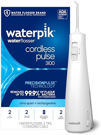 Waterpik Cordless Pulse 3100 Rechargeable Portable Water Flosser for Teeth, Gums, Braces Care and Travel with 2 Flossing Tips, Waterproof for Shower Use, ADA Accepted, WF-20 White, Amazon Exclusive