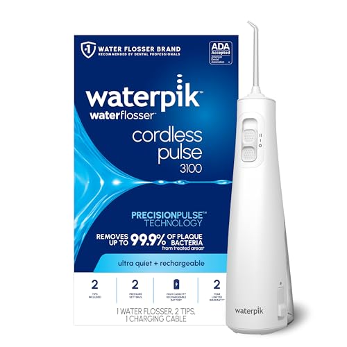 Waterpik Cordless Pulse Rechargeable Portable Water Flosser for Teeth, Gums, Braces Care and Travel with 2 Flossing Tips, Waterproof for Shower, ADA Accepted, WF-20 White, Packaging and Tips May Vary