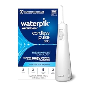 Waterpik Cordless Pulse 3100 Rechargeable Portable Water Flosser for Teeth, Gums, Braces Care and Travel with 2 Flossing Tips, Waterproof for Shower Use, ADA Accepted, WF-20 White, Amazon Exclusive