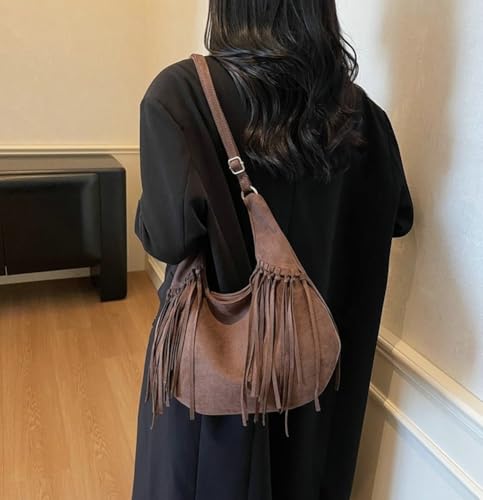 Crescent Shoulder Bag for Women Brown Suede Bags Slouchy Crossbody Purse with Tassel Travel Work Satchel 2025 Fall Winter3