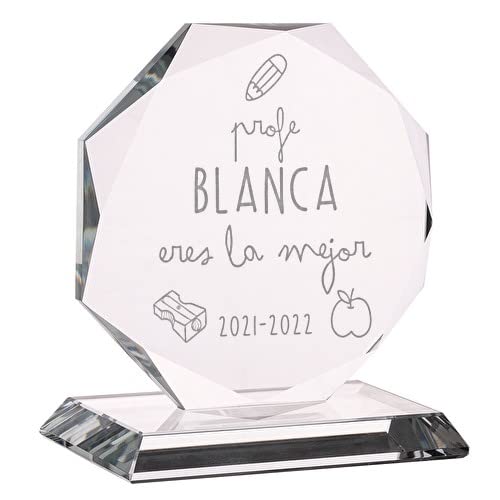 Wanapix | Trofeo Personalizado con Nombre y Texto | Cristal Grabado (Escala de Grises) | Premio Personalizado | Octogonal 10 cm | Incluye Estuche para Guardar | Mejor Profe
