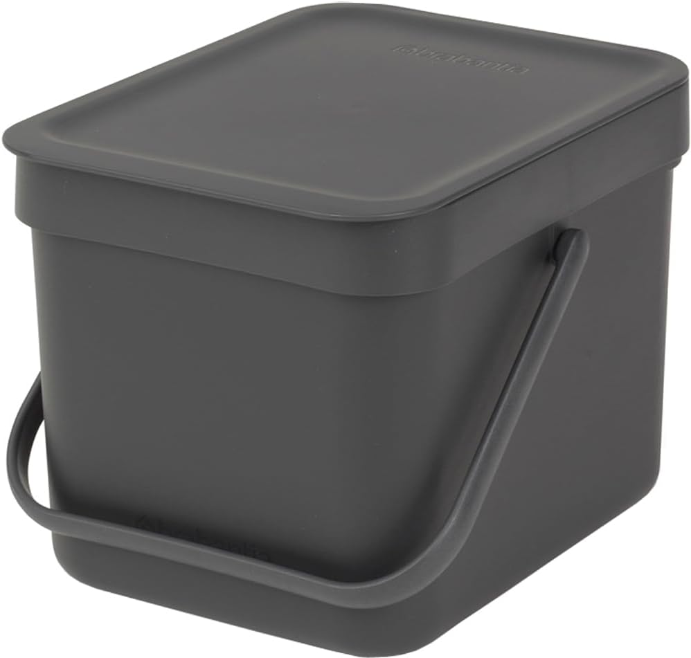 Brabantia Sort & Go Food Waste Trash Can (1.6 Gal/Gray) Small Countertop Kitchen Compost Caddy with Handle & Removable Lid, Easy Clean, Fixtures Included for Wall/Cupboard Mounting