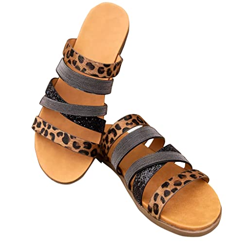 Leopard Sequined Round Toe Flat Slippers, Womens Leopard Sequined Round Toe Flat Slippers Summer Cross-Band