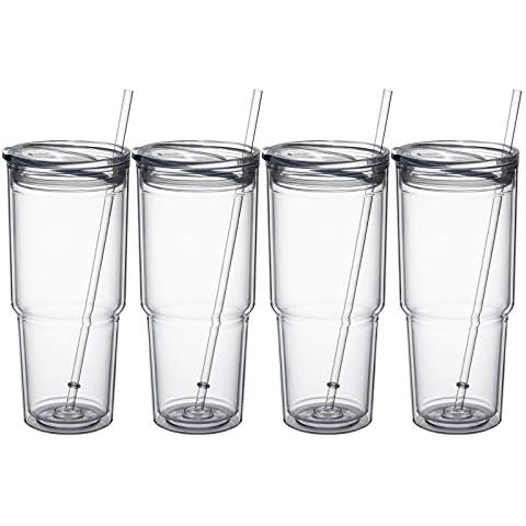 MEWAY 30oz/4 pcs Classic Insulated Tumblers,Double Wall Acrylic Tumbler with Lid，Reusable Plastic Insulated Tumblers with Straw，for cold drinks, sand ice, whatever you like(transparent,4 pack) Cover