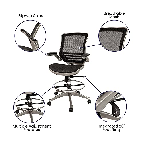 Flash Furniture Waylon Mid-Back Transparent Black Mesh Drafting Chair With Graphite Silver Frame And Flip-Up Arms #TOP3