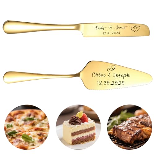 QSZ Ensemble Couteau et Pelle à Gâteau Gravés pour Mariage - Personnalisation avec Vos Noms et Date - Cadeau Personnalisé pour Anniversaire, Saint-Valentin ou Noël (Couteau Ã GÃteau en Or)