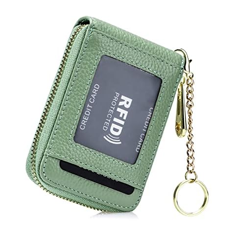 RRvane Genuine Leather Card Holder Wallet, RFID Blocking Zipper Card Case with ID Window & Detachable Keychain for Women (Green) Cover