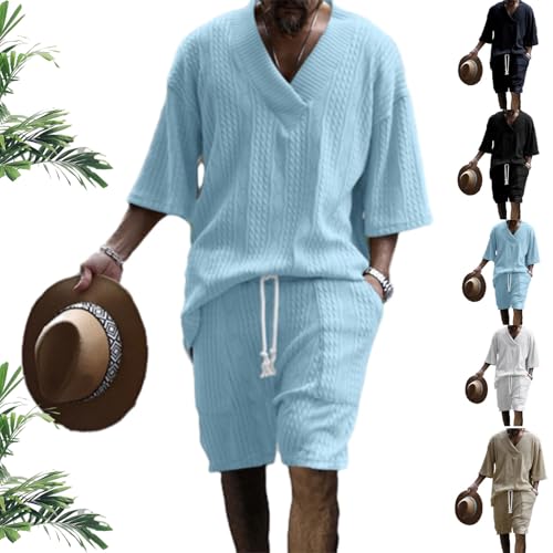 Athleisure Cable Jacquard Set Men,Cable Knit T-shirt Set, Men's V-Neck 3/4 Sleeve Top and Drawstring Shorts 2 Piece