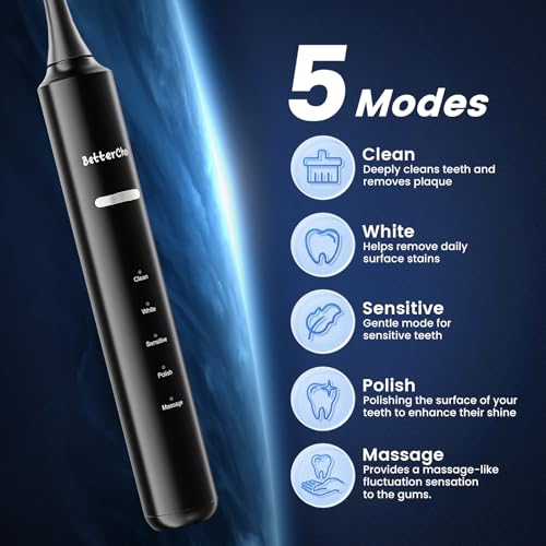 Betterchoi Sonic Electric Toothbrush for Adults, USB Rechargeable Toothbrush - 41,000 VPM Maglev Motor - 4 Brush Heads - IPX7 Waterproof, 180-Day Battery Life, 5 Cleaning Modes & Smart Timer, Black - Image 3