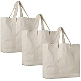 Large Sturdy Canvas Tote Bags - 3 Pack - Heavy Duty Strong Cotton Canvas Bags for Shopping, Beach, T