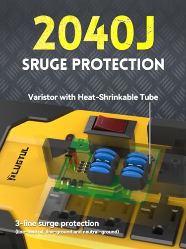 PLUGTUL Protector contra sobretensiones Heavy Duty 20 Amp | Regleta metálica de 1.8 m con 8 tomas, NEMA 5-20P a NEMA 5-15/20R, cable 12/3 AWG, 2040 Joules, montaje industrial en pared, certificado ETL miniatura 2